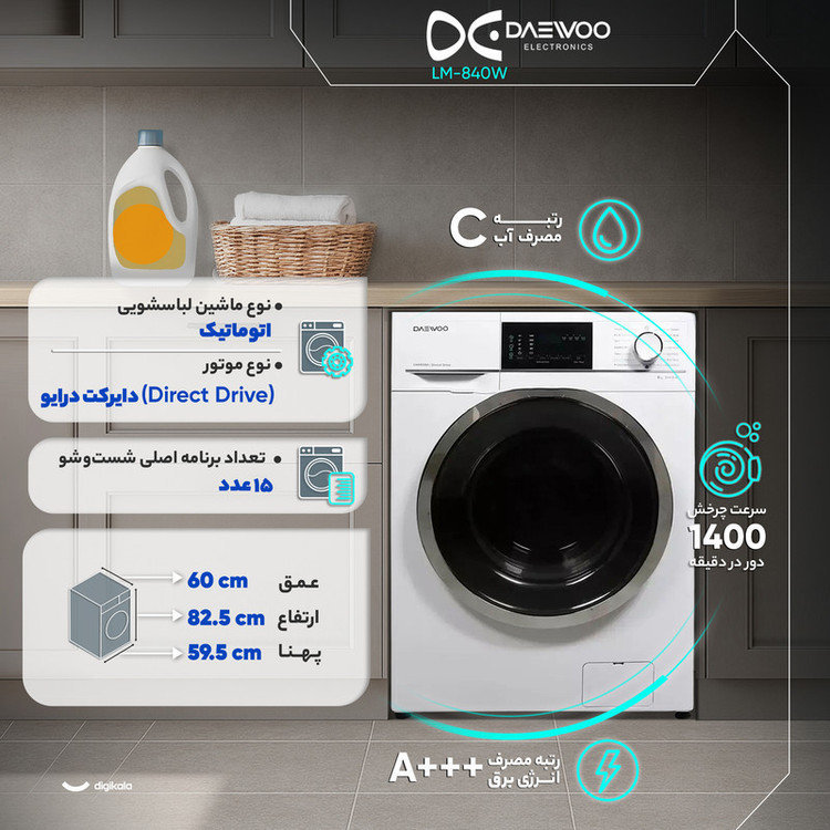 ماشین لباسشویی 8 کیلوگرم اتوماتیک دوو مدل LM-840W