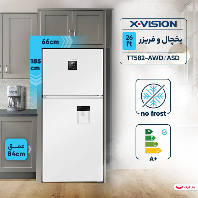 یخچال فریزر 26 فوت ایکس ویژن مدل TT582-AWD/AS ، دارای آبسردکن و یخساز نیمه اتوماتیک، با ارتفاع 185، پهنای 66 و عمق 84 سانتی متر، میزان مصرف انرژی A+، دارای 4 طبقه در یخچال و 2 طبقه در فریزر