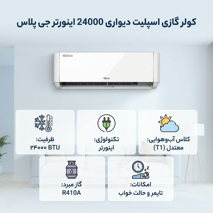 کولر گازی اسپلیت دیواری 24000 اینورتر جی پلاس مدل GAC-TV24TPN1I/GAC-TV24TPU1I