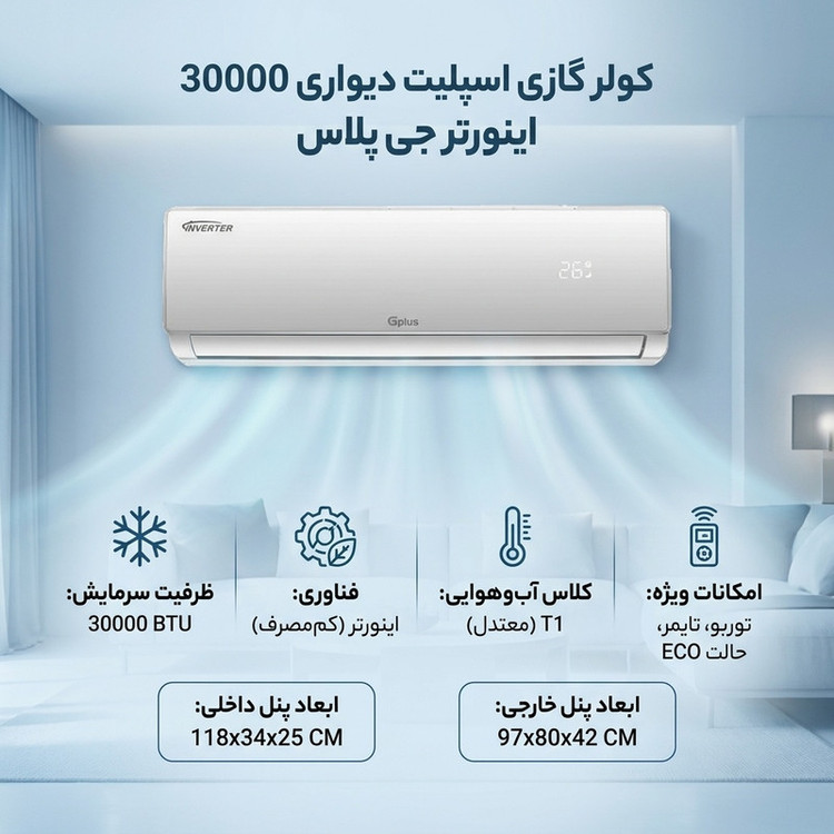 کولر گازی اسپلیت دیواری 30000 اینورتر جی پلاس مدل GAC-TV30ELN1A