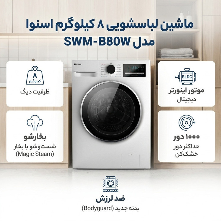 ماشین لباسشویی 8 کیلوگرم اتوماتیک اسنوا مدل SWM-B80W