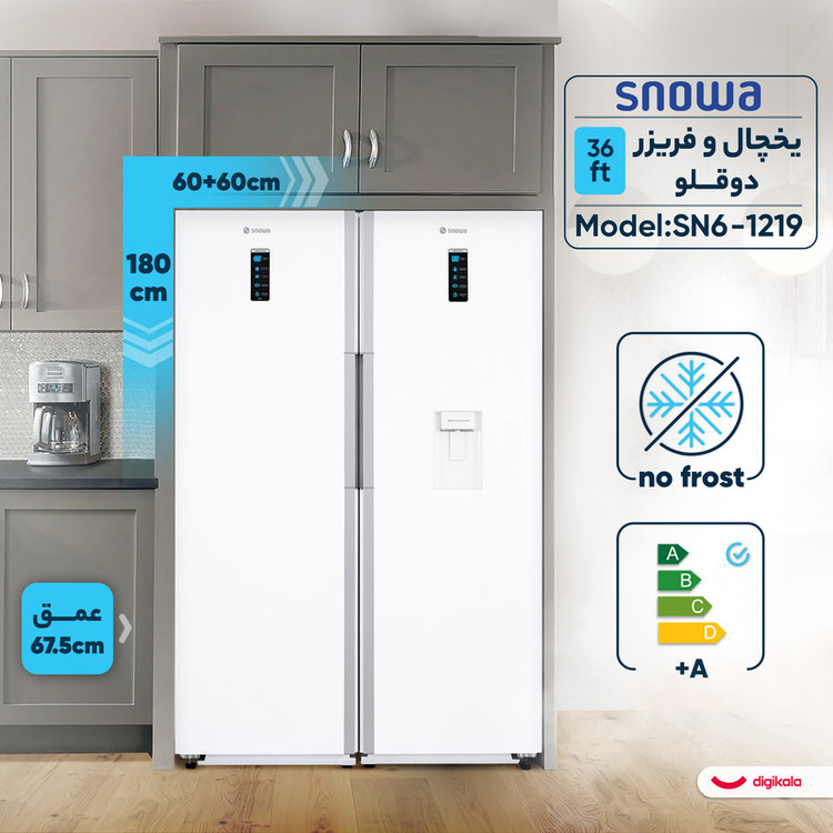 یخچال فریزر 36 فوت دوقلو اسنوا مدل SN6-121، دارای آبسردکن، با ارتفاع 180، عمق 67.5 و پهنای 120 سانتیمتر، میزان مصرف انرژی A+، دارای 5 طبقه در یخچال و 2 طبقه در فریزر، دارای سیستم نوفراست، دارای گردش هوای سه بعدی و