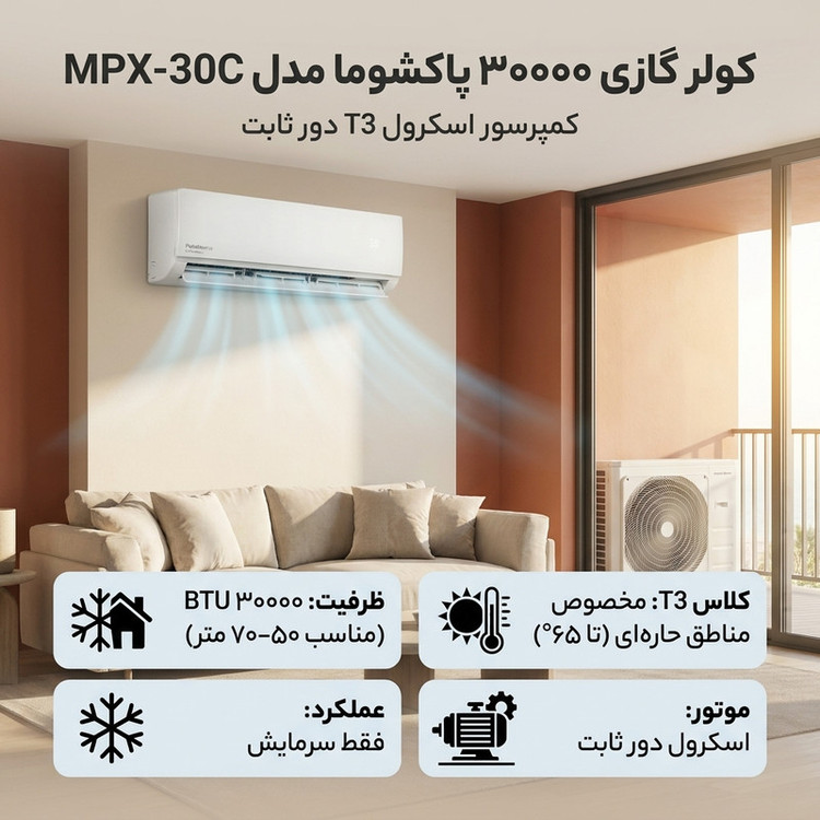 کولر گازی اسپلیت دیواری 30000 دور ثابت پاکشوما مدل MPX-30C کمپرسور اسکرول T3