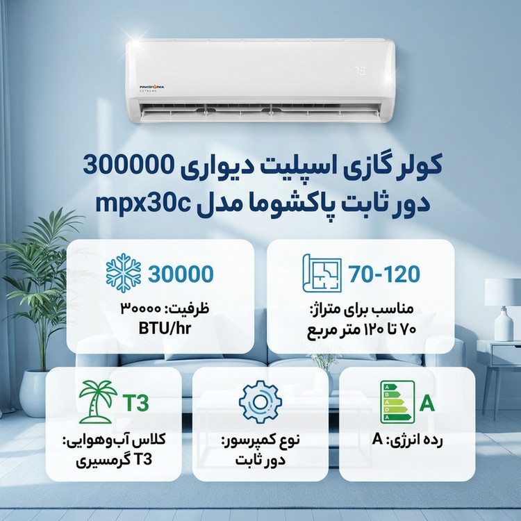 کولر گازی اسپلیت دیواری 30000 دور ثابت پاکشوما مدل mpx30c